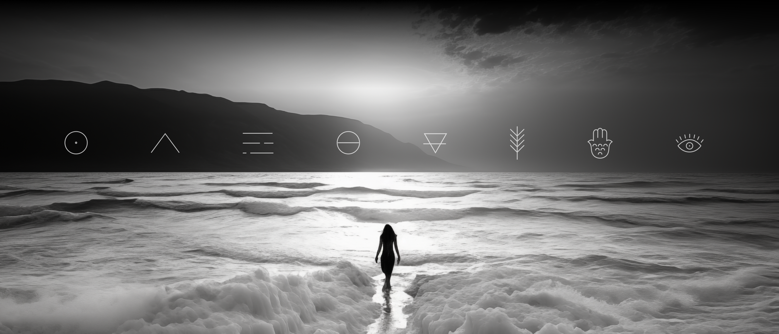 Siluette of a woman going in the ocean black and white with illustrated icons 
